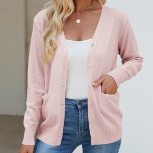 Bessie - Strickjacke mit V-Ausschnitt, Knöpfen, langen Ärmeln und Taschen