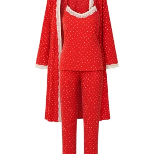 Damen 3-teilig mit Spitze - Schlafanzug Pyjama Set Kariert & Gepunktet