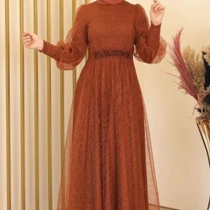 Abendkleid silbriges Tüllkleid Abiye Abaya Hijab Kleid Maxikleid (SIMLI GAMZE)