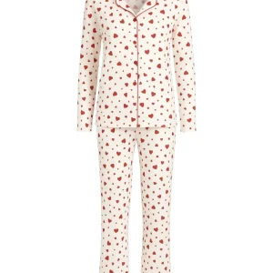 Pyjama Damen – Langarm-Schlafanzug mit Herz-Design, Knopfleiste & Kragen