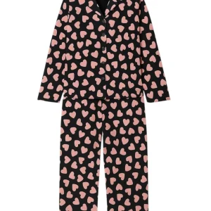 Pyjama Set Damen Schlafanzug Schwarz mit Rosa Herzen Baumwollmix